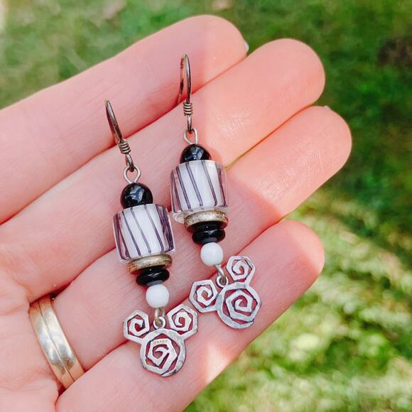 Sterling Silver Modernist Drop Earrings with Striped Black and White Glass Beads - Picture 8 of 11